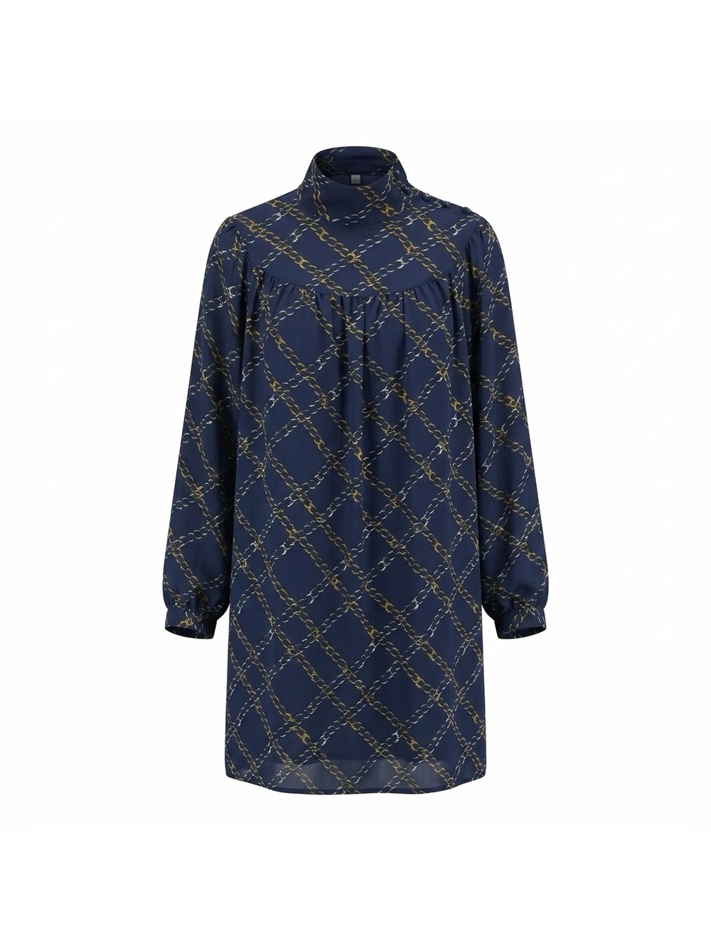 Who what wear Navy Blue Chain Print Long Sleeve Dress with Buttoned High Neck